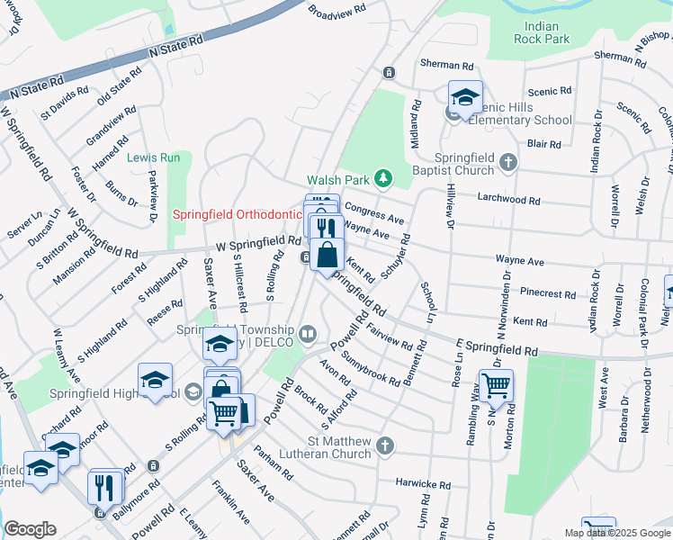 map of restaurants, bars, coffee shops, grocery stores, and more near 100 East Springfield Road in Springfield
