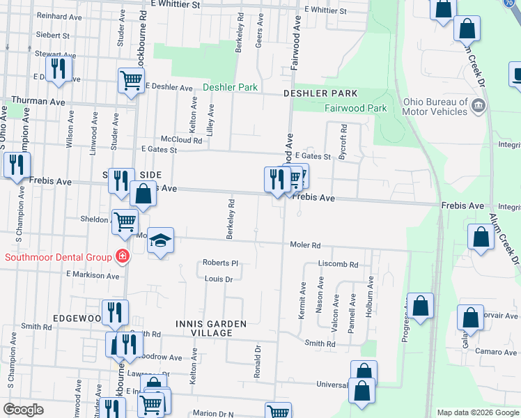 map of restaurants, bars, coffee shops, grocery stores, and more near 1505 Frebis Avenue in Columbus
