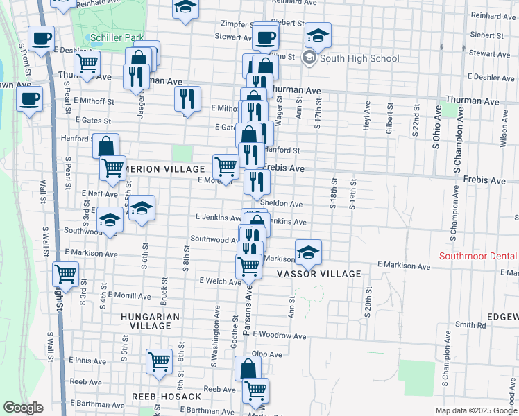 map of restaurants, bars, coffee shops, grocery stores, and more near 478 East Jenkins Avenue in Columbus