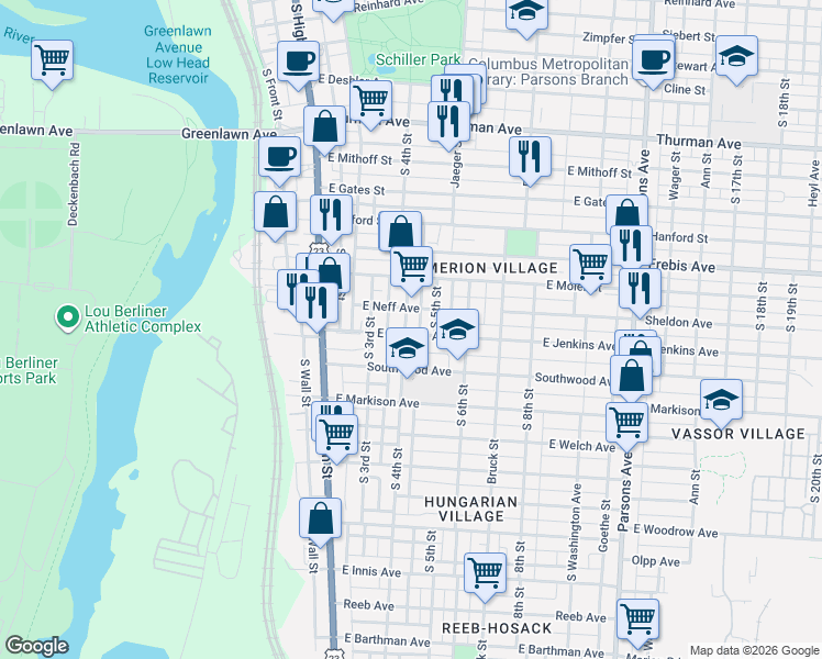 map of restaurants, bars, coffee shops, grocery stores, and more near 139 East Jenkins Avenue in Columbus