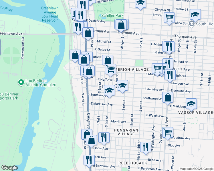 map of restaurants, bars, coffee shops, grocery stores, and more near 75 East Jenkins Avenue in Columbus