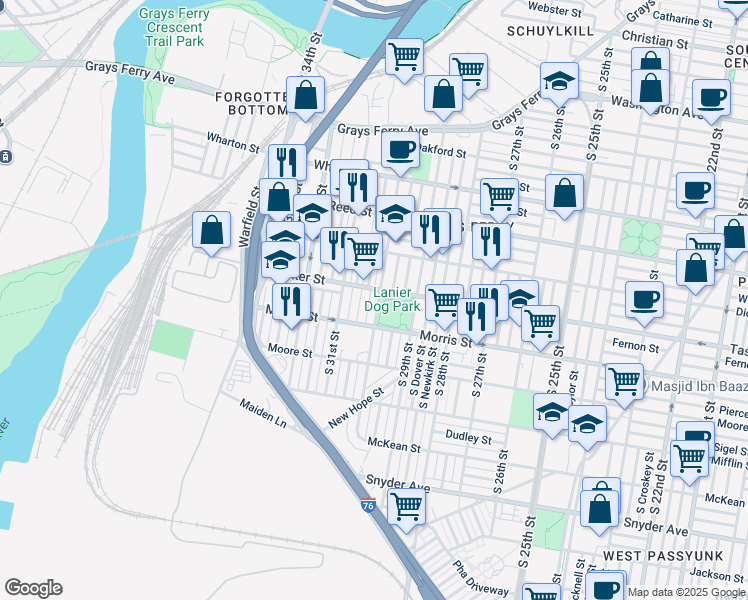 map of restaurants, bars, coffee shops, grocery stores, and more near 1604 South 30th Street in Philadelphia