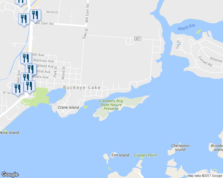 map of restaurants, bars, coffee shops, grocery stores, and more near 29 Misty Lane in Buckeye Lake