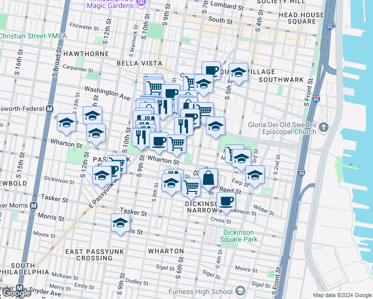 map of restaurants, bars, coffee shops, grocery stores, and more near 630 Federal Street in Philadelphia