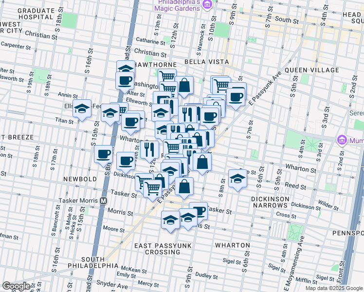 map of restaurants, bars, coffee shops, grocery stores, and more near 1019 Wharton Street in Philadelphia