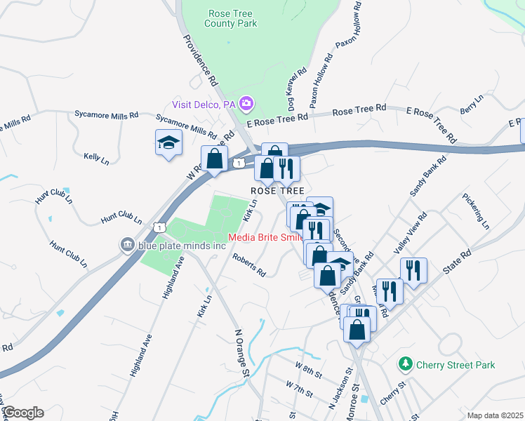 map of restaurants, bars, coffee shops, grocery stores, and more near 45 Eastwood Road in Media