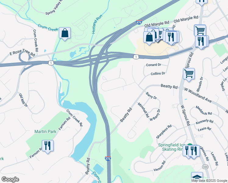 map of restaurants, bars, coffee shops, grocery stores, and more near 531 Collins Drive in Springfield