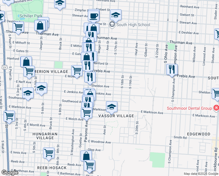 map of restaurants, bars, coffee shops, grocery stores, and more near 569 Sheldon Avenue in Columbus