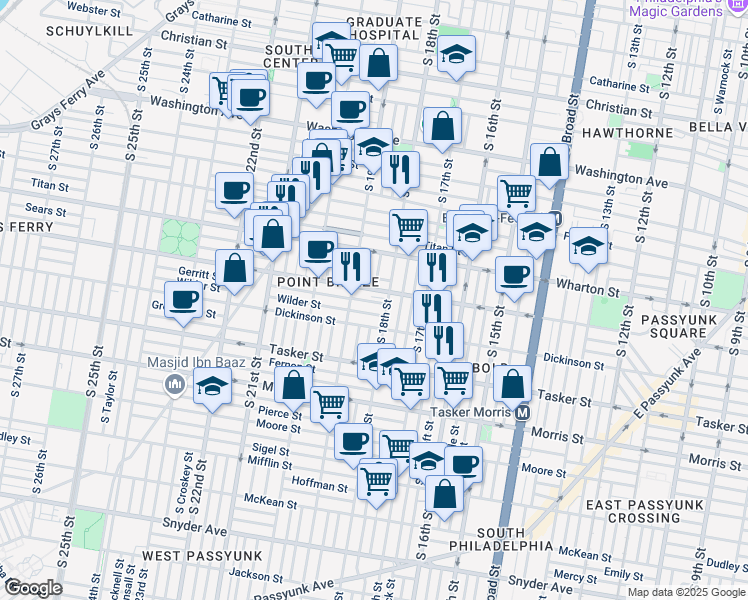 map of restaurants, bars, coffee shops, grocery stores, and more near 1819 Gerritt Street in Philadelphia