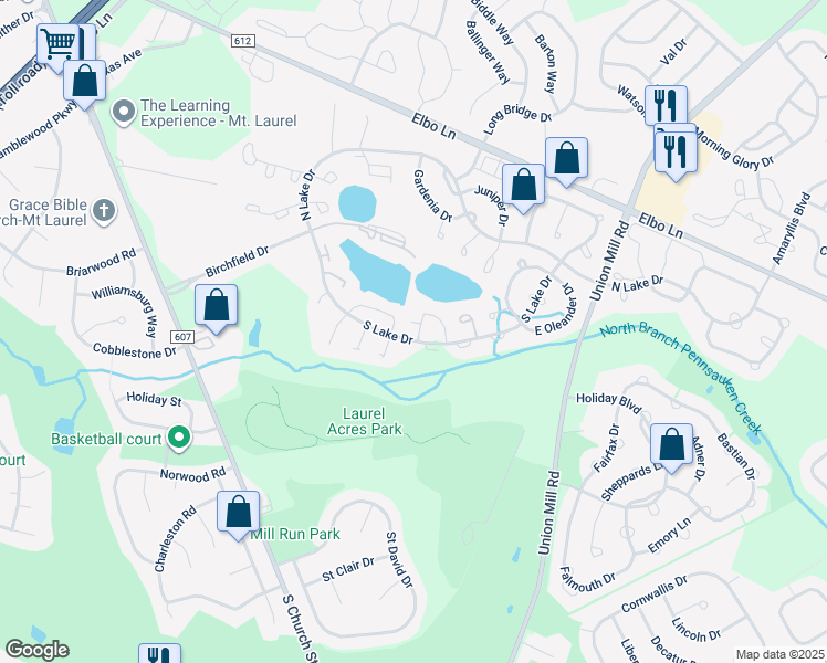 map of restaurants, bars, coffee shops, grocery stores, and more near 1A Sumac Court in Mount Laurel Township