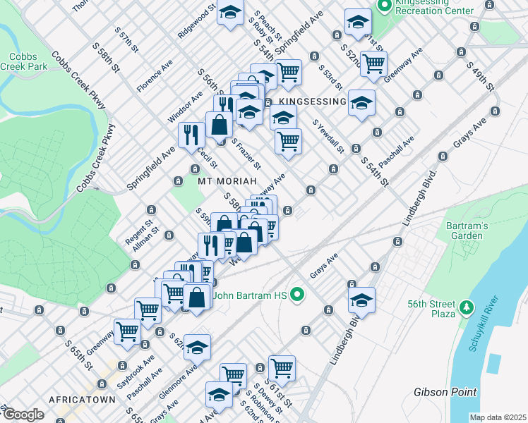 map of restaurants, bars, coffee shops, grocery stores, and more near 2126 South Alden Street in Philadelphia