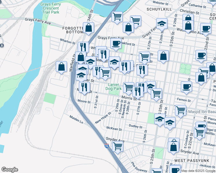 map of restaurants, bars, coffee shops, grocery stores, and more near 1604 South 30th Street in Philadelphia