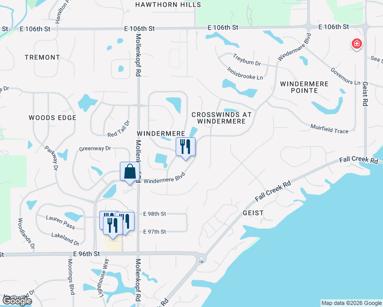 map of restaurants, bars, coffee shops, grocery stores, and more near 10796 Windermere Boulevard in Fishers
