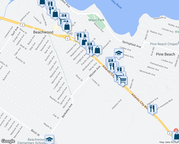 map of restaurants, bars, coffee shops, grocery stores, and more near 201 Spray Avenue in Beachwood