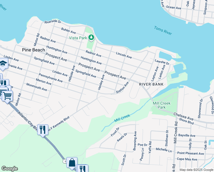 map of restaurants, bars, coffee shops, grocery stores, and more near 820 Linden Avenue in Pine Beach