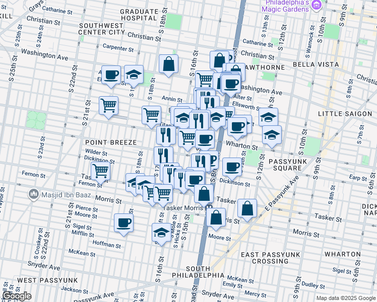 map of restaurants, bars, coffee shops, grocery stores, and more near 1336 South Hicks Street in Philadelphia