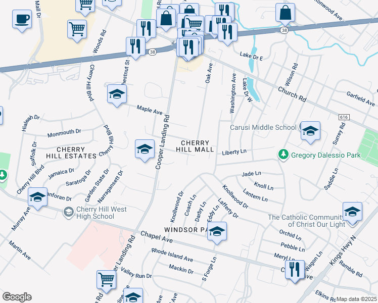 map of restaurants, bars, coffee shops, grocery stores, and more near 12 Poplar Terrace in Cherry Hill