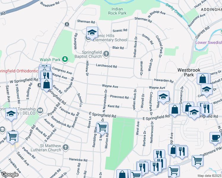 map of restaurants, bars, coffee shops, grocery stores, and more near 414 Wayne Avenue in Springfield