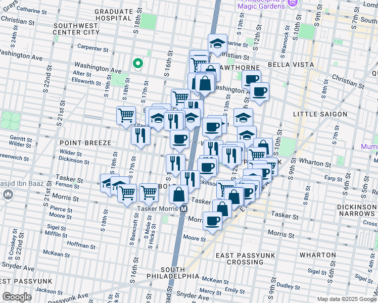 map of restaurants, bars, coffee shops, grocery stores, and more near 1320 South Broad Street in Philadelphia