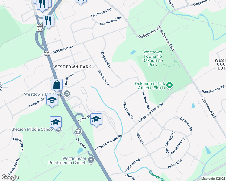map of restaurants, bars, coffee shops, grocery stores, and more near 1028 Goodwin Lane in West Chester