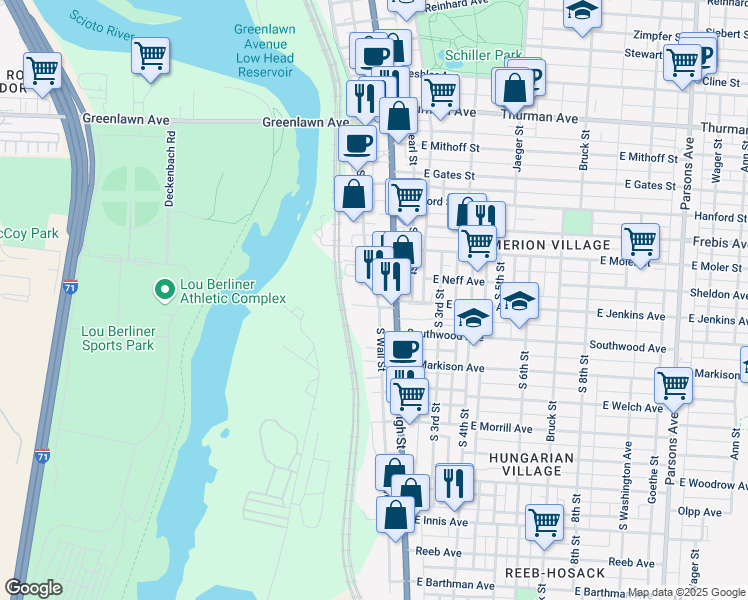 map of restaurants, bars, coffee shops, grocery stores, and more near in Columbus