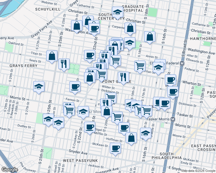 map of restaurants, bars, coffee shops, grocery stores, and more near 2019 Wilder Street in Philadelphia