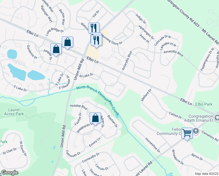 map of restaurants, bars, coffee shops, grocery stores, and more near 44 Eddystone Way in Mount Laurel Township