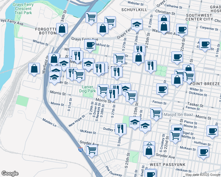 map of restaurants, bars, coffee shops, grocery stores, and more near 1549 South Marston Street in Philadelphia