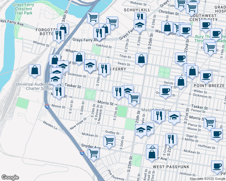 map of restaurants, bars, coffee shops, grocery stores, and more near 1549 South Marston Street in Philadelphia