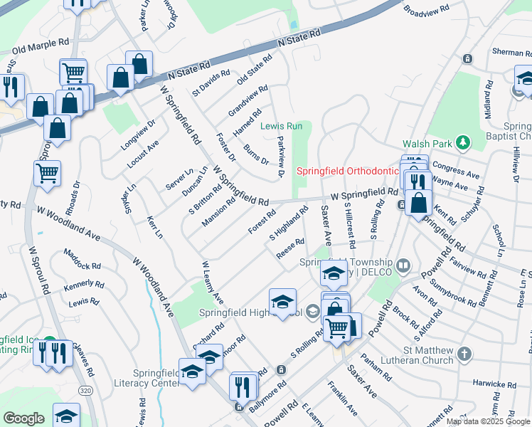 map of restaurants, bars, coffee shops, grocery stores, and more near 32 Forest Road in Springfield