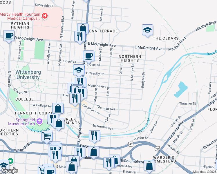 map of restaurants, bars, coffee shops, grocery stores, and more near 799 Elm Street in Springfield