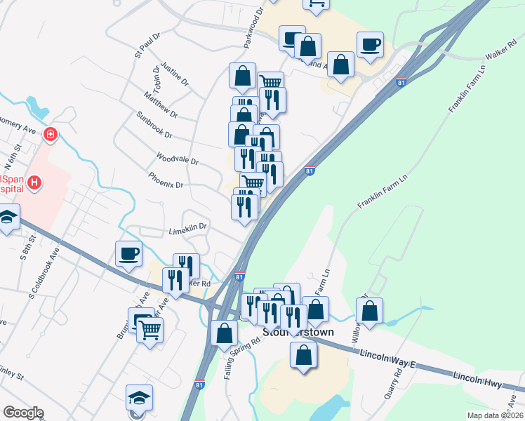 map of restaurants, bars, coffee shops, grocery stores, and more near 231 Walker Rd in Chambersburg