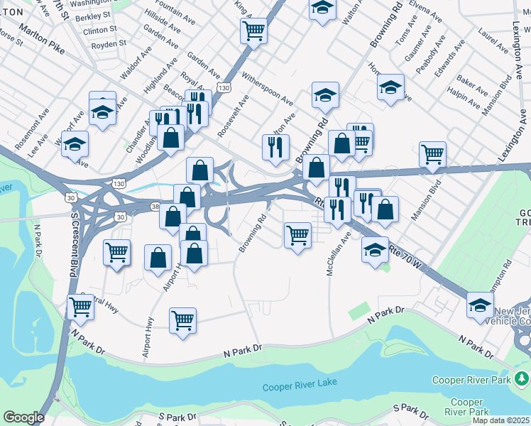 map of restaurants, bars, coffee shops, grocery stores, and more near Browning Rd & Westwood Ln in Pennsauken Township