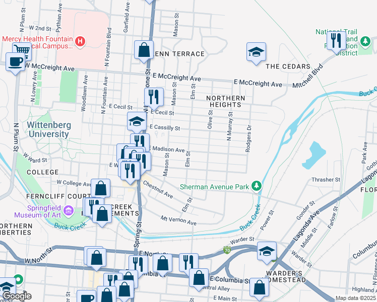 map of restaurants, bars, coffee shops, grocery stores, and more near Elm Street in Springfield