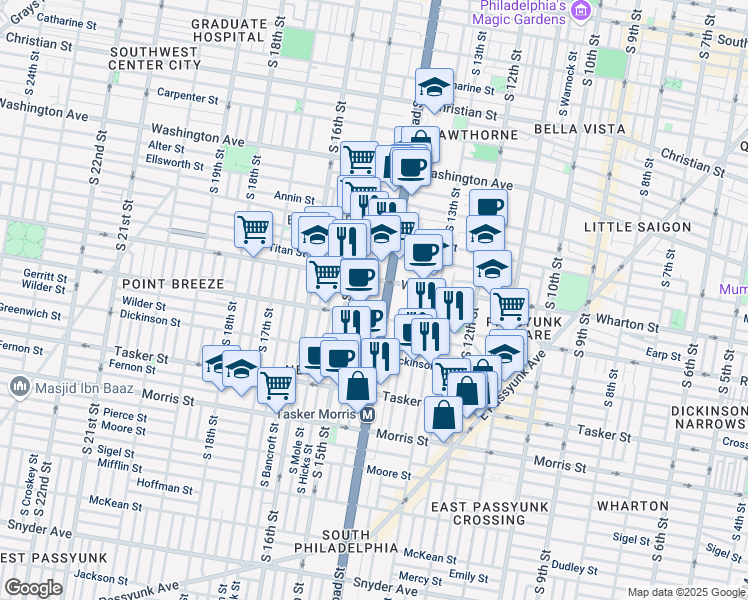 map of restaurants, bars, coffee shops, grocery stores, and more near 1336 South Broad Street in Philadelphia