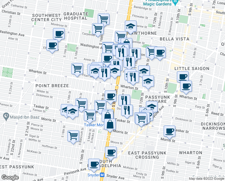 map of restaurants, bars, coffee shops, grocery stores, and more near 1320 South Broad Street in Philadelphia