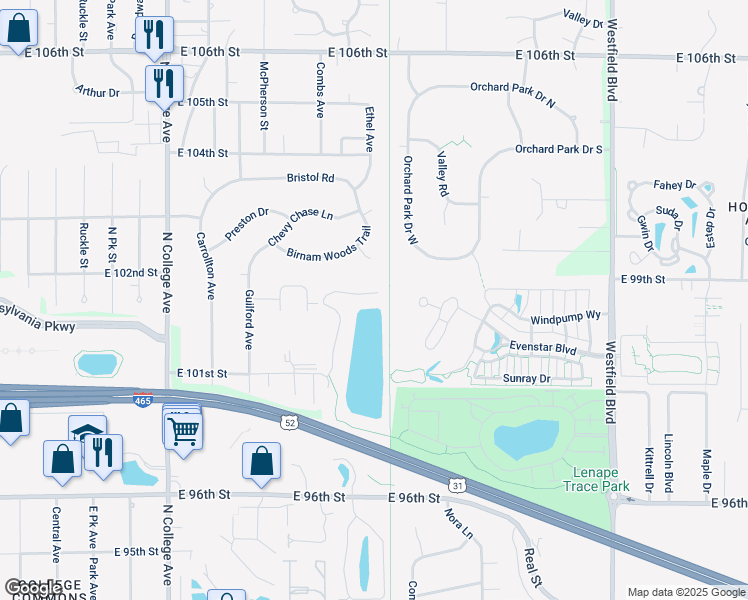 map of restaurants, bars, coffee shops, grocery stores, and more near 10139 Solace Lane in Indianapolis