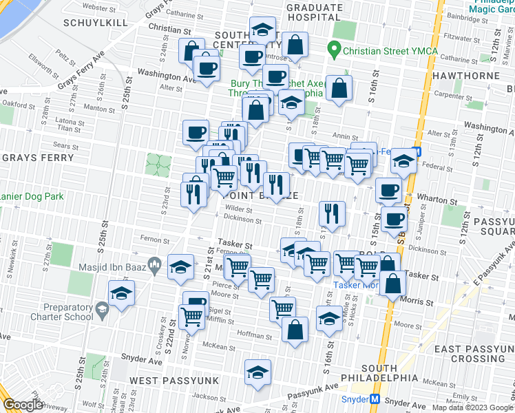 map of restaurants, bars, coffee shops, grocery stores, and more near 1940 Gerritt Street in Philadelphia