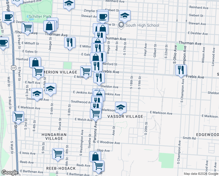 map of restaurants, bars, coffee shops, grocery stores, and more near 528 East Jenkins Avenue in Columbus