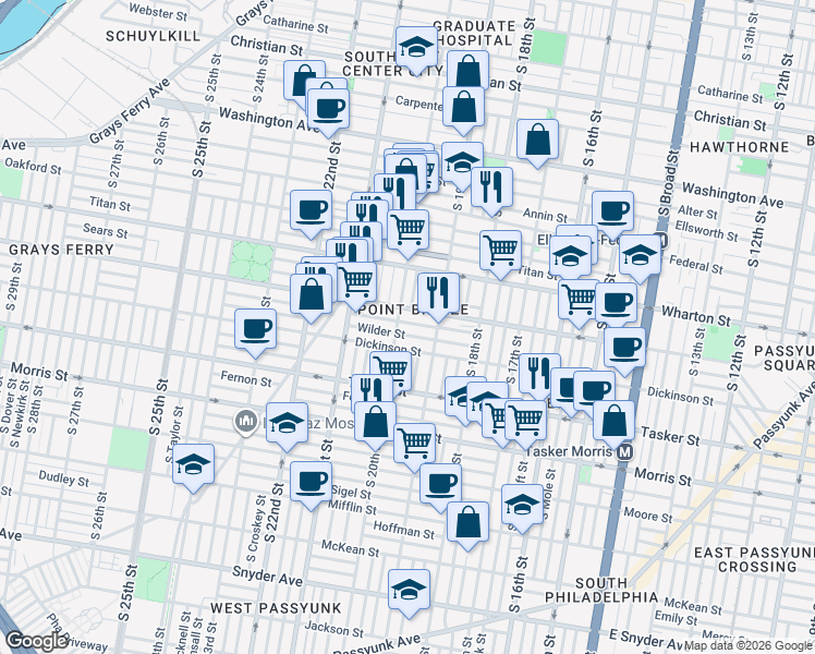 map of restaurants, bars, coffee shops, grocery stores, and more near 1929 Dickinson Street in Philadelphia