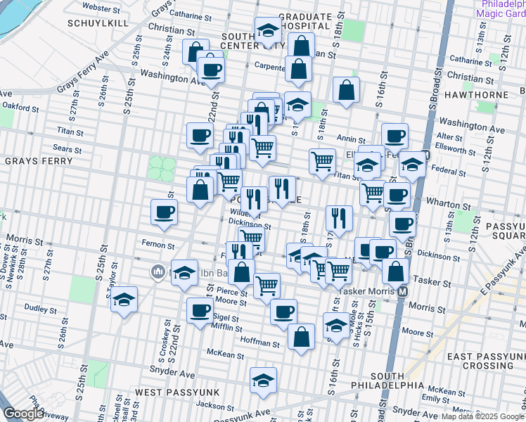 map of restaurants, bars, coffee shops, grocery stores, and more near 1940 Gerritt Street in Philadelphia