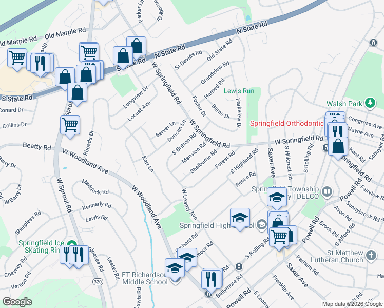 map of restaurants, bars, coffee shops, grocery stores, and more near 54 Shelburne Road in Springfield
