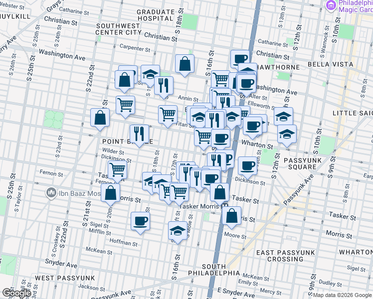 map of restaurants, bars, coffee shops, grocery stores, and more near 1413 South 17th Street in Philadelphia