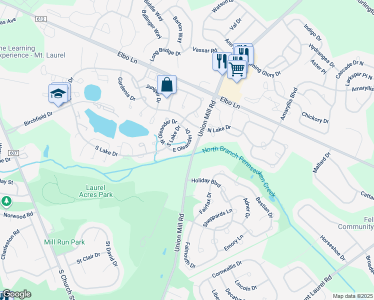 map of restaurants, bars, coffee shops, grocery stores, and more near 23 East Oleander Drive in Mount Laurel
