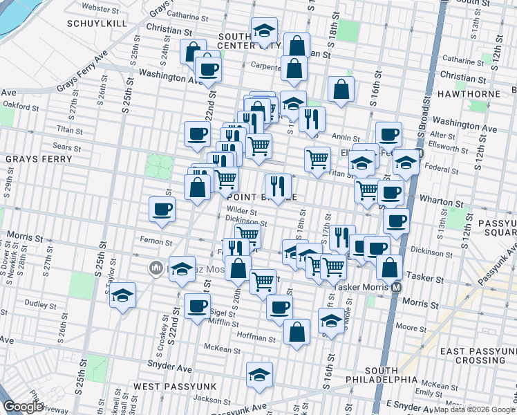 map of restaurants, bars, coffee shops, grocery stores, and more near 1929 Dickinson Street in Philadelphia