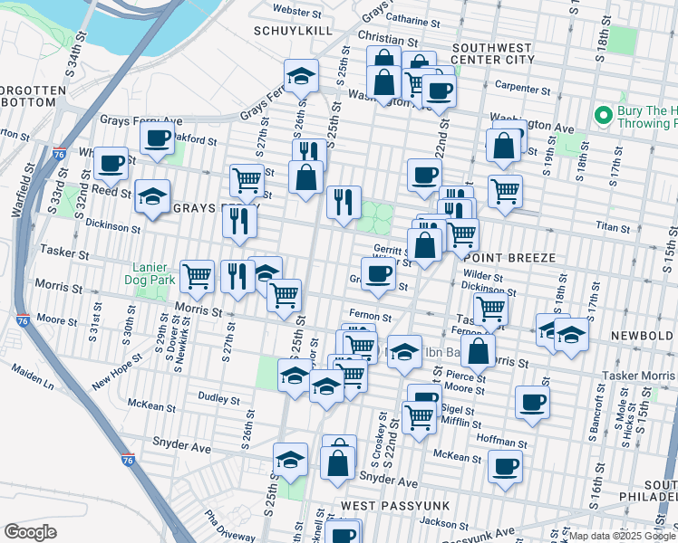 map of restaurants, bars, coffee shops, grocery stores, and more near 1511 South Ringgold Street in Philadelphia