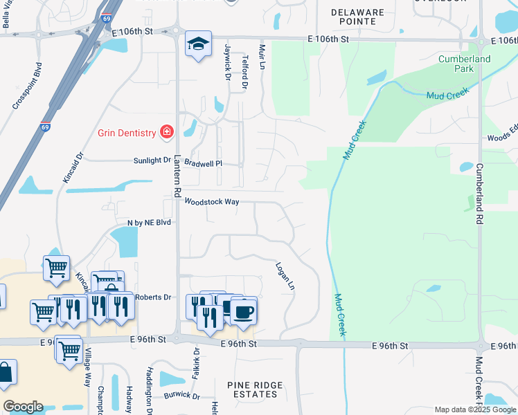 map of restaurants, bars, coffee shops, grocery stores, and more near 10055 Walthan Way in Fishers