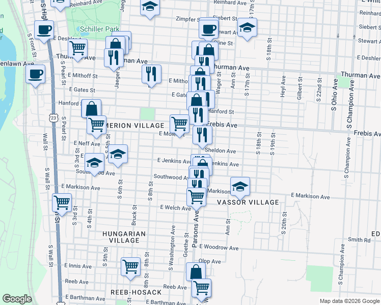 map of restaurants, bars, coffee shops, grocery stores, and more near 413 East Jenkins Avenue in Columbus