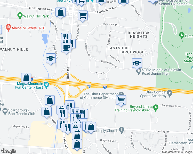 map of restaurants, bars, coffee shops, grocery stores, and more near 6289 Rippey Circle in Reynoldsburg