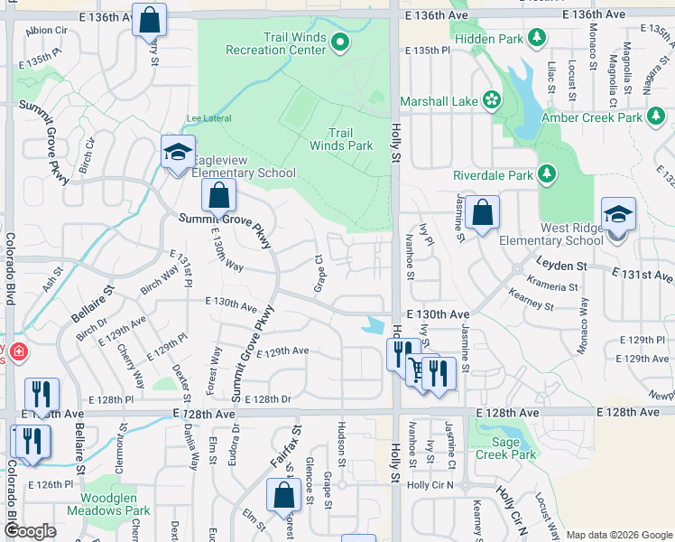 map of restaurants, bars, coffee shops, grocery stores, and more near 13028 Grape Court in Thornton